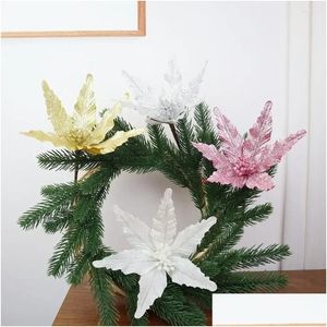 Couronnes de fleurs décoratives artificielles en tissu doré brillant, fleur de noël, activité de fête, arrangement d'arbre, accessoires de décoration, livraison ot6rs