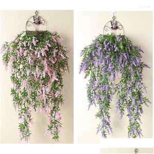 Flores decorativas Guirnaldas Lavanda artificial Muebles para colgar en la pared Decoración de la sala Plantas simuladas Cesta de flores Rattan D Dhjzk