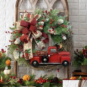 Couronnes de fleurs décoratives couronne de Noël plante artificielle rotin camion rouge rustique automne porte d'entrée guirlande ronde baies de simulation Dhoxx