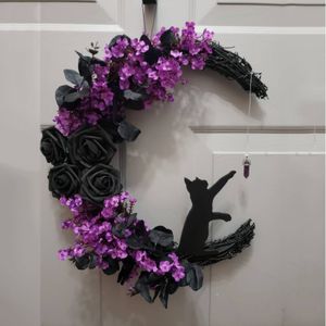 Couronnes de fleurs décoratives courbées lune chat noir couronne de fleurs porte tenture murale pendentif Halloween simulation plante vigne anneau guirlande décoration de la maison 230912