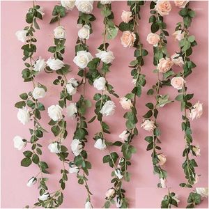 Couronnes de fleurs décoratives Fleurs décoratives Artificielle Rose Vigne 6.5Ft Fausse Soie Suspendue Guirlande De Fleurs Y Plante Pour La Maison De Mariage P Dhql2