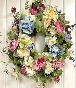 Fleurs décoratives couronnes de porte d'entrée décor de porte arc-en-ciel d'hortensia pour fenêtre décoration de maison artificielle fleur de rose 16inch4083428