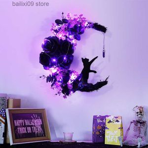 Couronnes de fleurs décoratives Couronne d'Halloween avec lumière LED Couronne artificielle de chauve-souris, de chat, de lune, pour porte d'entrée, fenêtre, mur, fête d'Halloween, décoration T230927