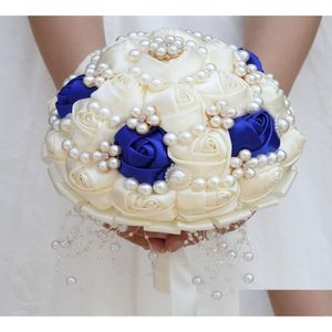 Flores decorativas Guirnaldas hechas a mano Marfil Royalblue Nupcial con cuentas Diamante Ramos de boda Dama de honor artificial Holding Accessori DH5HV