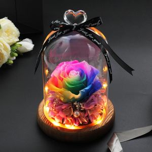 Couronnes de fleurs décoratives Décor à la maison Cadeaux de fête de mariage Vraie fleur dans un dôme en verre sur une base en bois pour les lampes LED Rose de la Saint-Valentin Christ