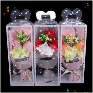 Couronnes de fleurs décoratives Cadeau de fête des mères 3pcs Savon Rose Bouquet de fleurs Ensembles Anniversaire Saint Valentin pour fille Drop Livraison Hom Dhe3Z