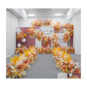 Fleurs décoratives Couronnes Orange Jaune Série Mariage Arrangement Floral Fleur Artificielle Rangée Table T Scène Toile De Fond Coin Bal Dh9V8