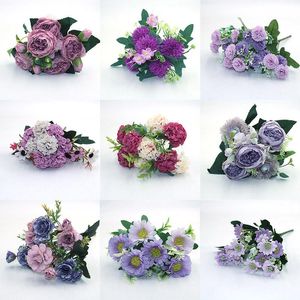 Guirnaldas de flores decorativas Púrpura 1 pieza Todo tipo de hermosas peonías artificiales Rosa Gerbera Margarita Flor de seda DIY Hogar Jardín Fiesta Boda