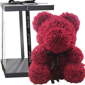 Couronnes De Fleurs Décoratives Rose Ours Bouquet De Fleurs Artificielle Avec Boîte À La Main Cadeau Saint Valentin Pour Petite Amie Femme Femme Mère