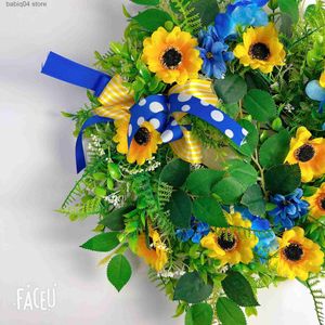 Couronnes de fleurs décoratives drapeau ukrainien tournesol couronne de porte d'entrée nouveau noeud papillon imprimé couronne jaune et bleue ondulée T230512