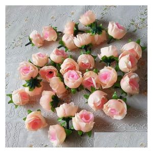 Guirnaldas de flores decorativas Venta al por mayor 100 piezas Cabezas artificiales Brote de rosa rosa para decoraciones Fiesta de Navidad Entrega de gota de seda Inicio G Dhzsk