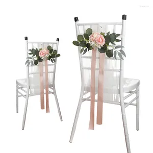 Flores decorativas silla yan boho para la ceremonia de boda rosa artificial eucalipto con cinta casada fiestes de flores al aire libre decoración del banco del pasillo