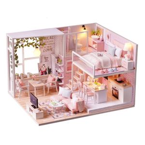 Objets décoratifs Figurines DIY Miniature Loft Dollhouse Kit 3D Rose Maison en bois Chambre Pas de cache-poussière Pas de boîte à musique 230704