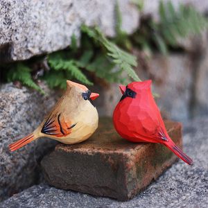 Objetos decorativos Figuras Adorno de pájaro de madera Artesanías de talla de madera Pareja de cardenales estadounidenses Estatua de pájaro rojo Figura tallada a mano Decoración de jardín para el hogar 220928