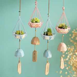 Objets décoratifs Figurines Zakka Japon Style Fer Art Résine Céramique Windbell Avec Petite Cage Plantes Wind Chime Home Car Hanging Decor G