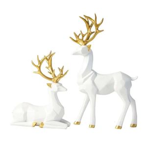 Objets décoratifs Nordic Christmas Rendeer Figurine Résine Géométrique Assis Standing Elk Deer Statue for Home Office Decoration 2PCS