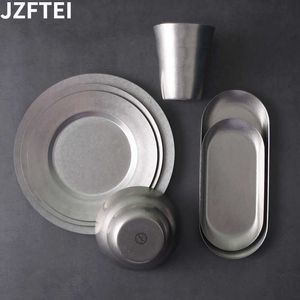 Platos decorativos Retro Frosted Acero inoxidable Juego de bandejas para sopa Plato Taza Plato ovalado Cubiertos Plato para bistec Pasta Restaurante Boda Vajilla Mejor Z0227