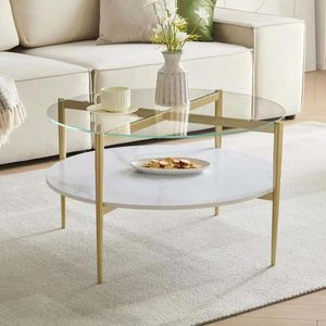 Decorique Home Table moderne avec plateau, table basse ronde de salon à double couche de 30 pouces en bois blanc, structure de pieds dorés et plateau en verre transparent