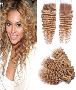 Deep Wave 27 Honey Blonde 4x4 Lace Closure avec Extensions de Tissage Vierge Brésilienne Brun Clair Cheveux Humains 3Bundles Offres avec Clo2781538