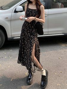 Deeptown Y k Vintage Black Floral Dress Women Korean Style Mesh Irregular Split One Piece Slip Long Chiffon Fairy Dresses Summer