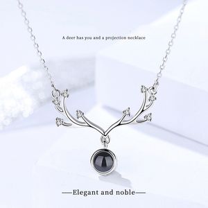 Solide 925 Sterling Silver Deer Antlers Pendentif Collier Elk Antler Charm Clavicule chaîne Colliers Cristal Projection Femme Bijoux