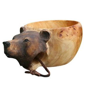 Taza de agua delicada, taza de madera tallada a mano, taza de campamento de madera de estilo nórdico hecha a mano, taza con imagen de cabeza de animales, taza de leche para el hogar 231228
