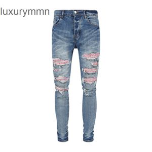 Denim Amiryes Jeans Designer Pantalon Homme Jean JB Nouveau Bleu Lavable avec Briques Rose Chaud et Perforé Coupe Slim Cheveux Raides 4OV7