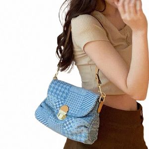 Tela de mezclilla Mujeres Pequeño bolso de hombro Chica Luz Azul Lienzo Tela Bolso Pequeño Casual Tote Correa desmontable Señora Cremallera Monedero R4xK #