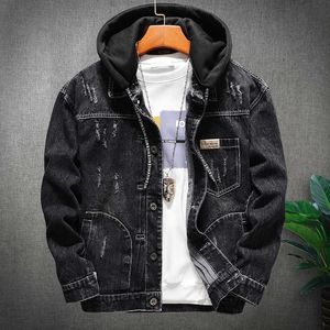 Denim Jacket Mens tendance Hooded Slim Fit Handsome Simplicity Casual Loose Streetwear revers Long Sleeve soft Spring and Autumn X0710