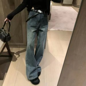 jeans en denim jeans pour femmes taille haute pantalon ample à jambes larges mode lettres décontractées pantalon évasé rembourré pantalon mince à jambe longue pour femme