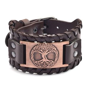 Pulsera de identificación de moda de diseño para hombre, pulsera de cuero de PU ancha tejida a mano de aleación de árbol de la vida, brazalete ajustable, joyería Punk