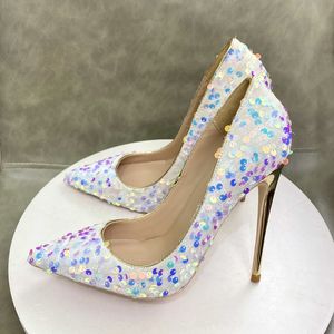 Designer 2023 New Red Bottom Bling Sequins Chaussures Femme Femme Pinter White Pointy Toe High Heel pour la f￪te de mariage Sparkle Celebrity Sole Sole Stiletto Pumps 8-10-12CM