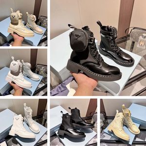 Designer Automne Hiver Luxe Femmes Bottes En Cuir Nylon Sangle Matériel Poche Détachable Classique En Cuir Verni Mat Triangle Inversé Bottes En Cuir De Veau De Marque