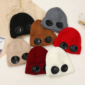 Gorro de diseñador con dos lentes, gafas, gorros, gorros de punto para hombre, gorros de calavera para exteriores, gorro de invierno para mujer Uniesex