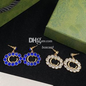 Pendientes de diamantes de imitación azules de diseñador, joyería de moda, pendientes de gota de cristal elegantes con conjunto de caja