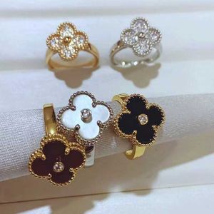 Designer Brand Van Gold High Edition Lucky Four Leaf Grass Series Ring Womens Full Diamond Agate Natural White Shell