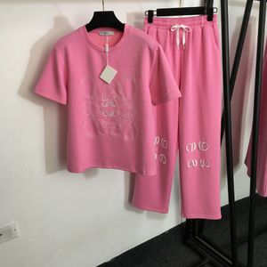 Costume pour femmes de la marque de designer, Logo Broidered Letter T-shirt à manches courtes + pantalon large à pied décontracté, gris, rose, vert armée, noir, S-XL