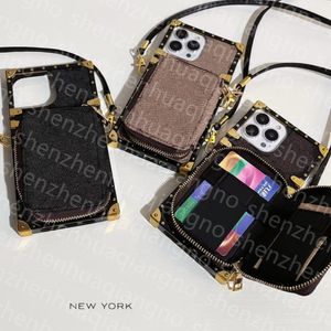 Designer C H Wallet Phone Cases pour iPhone 14 Pro Max 13 Pro 11 XR 8 7 Plus Shell Gold Galvanoplastie Porte-cartes en cuir Poche de crédit Marron Carré Épaule Couverture complète