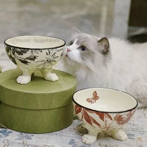 Bols design pour chat, bols à eau et nourriture pour chien surélevés, bol en porcelaine avec support, sans stress, prévention du refoulement, passe au lave-vaisselle et au micro-ondes Herbarium J10