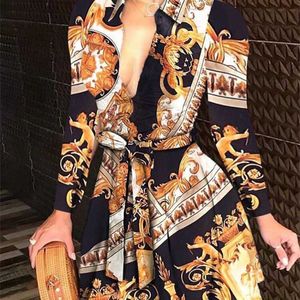 Vestidos causales de diseñador para mujer, vestido sexy estampado de manga larga con cuello en V