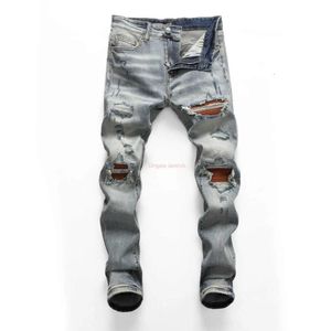 Designer Vêtements Amires Jeans Denim Pantalons Amies 2023 High Street Fashion Brand Mens Wear Broken Brown Patch Jeans Blue Slim Fit719