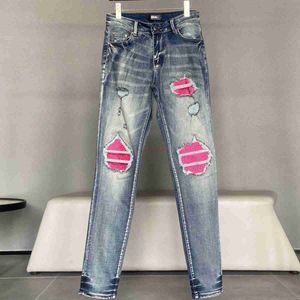 Ropa de diseñador Amires Jeans Pantalones de mezclilla Marca de moda Amies Parche plisado rojo Agujeros Jeans viejos Hombres Stretch Slim Ins Pierna Pantalones Apenado Rasgado Flaco Motocycle B