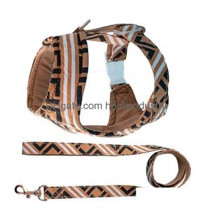 Conjunto de arneses y correas para perros de diseño Patrón de letras clásicas Arneses para perros Sin estrangulamiento Cinturón de pecho ajustable de algodón suave sobre la cabeza Qu Dhhae