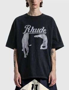 Vêtements de mode de créateurs T-shirts T-shirts Rhude Printemps Été Nuit Chat Imprimé T-shirt High Street Noir Lâche Coton À La Mode Col Rond Tops Coton Streetwear