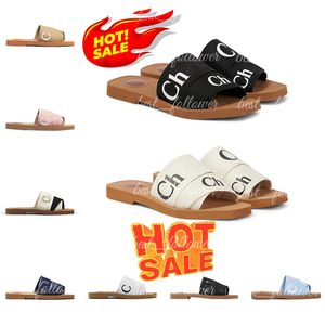 Livraison gratuite Designer pour femmes Woody Slides Designer Toile Caoutchouc Pantoufles Blanc Noir Rose Doux Voile Femmes Mules Sandales Plates Mode Chaussures De Plage En Plein Air