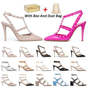 Designer High Heel Shoe Femme avec boîte Slingback Black Pink Spiks Talons chaton Silver White Gold Point Toe Rivets Whitedress Sandal Platform Women Dress Chaussures 35-42