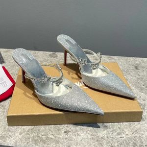 Zapatos de tacón alto de diseñador, zapatillas con punta estrecha, zapatos de tacón alto con diamantes de cristal para mujer, zapatos de boda blancos de seda auténtica, mulas sin cordones Bing, zapatos de tacón de marca de lujo para mujer 2023