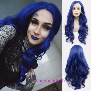 Designer Wigs Human Hair for Women Wig Femmes à mi-température à haute température Fashion Bleu Bleu long Couvercle de dentelle avant bouclé