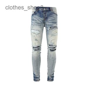 Jeans de designer Jean Amirres Denim Hommes Pantalons Mode High Street Marque Genou Cajou Fleur Patch Été Nouveau Bleu Clair W590