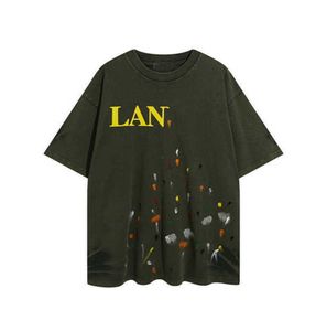 Diseñador Lanvins Impresión de letras Tinta Salpicaduras Puntos de color Camiseta de manga corta para amantes de hombres y mujeres Tendencia Azul marino Verde oscuro